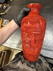 Antique Chinese Qing - Republic Cinnabar Fine Hand Carved Lacquer Vase Enamel