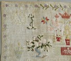 1870 Antique Dutch Woolwork Sampler  Cross Stitch Needlework Angels Bunnies