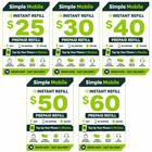 Simple Mobile Prepaid Refill  60  50  40  30  25 Instant Direct To Phone 