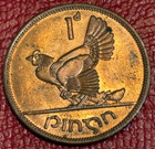 High Grade  Au unc  1968 Ireland Irish  One Penny Coin-harp hens chicks-may306
