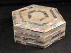 Vintage Marquetry Hexagonal Abalone   Mother Of Pearl Hinged Trinket Box