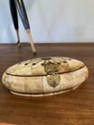 Vintage 1970   s Camel Bone inlaid Brass -hinged Oval Lined Trinket Box With Latch