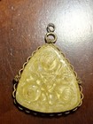 Czech Molded Uranium Yellow Floral Glass Vintage Pendant Triangle Shaped  2x2 In