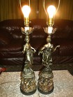 Superb  Very Rare  Pair Vintage Art Nouveau Spelter Table Lamps W Dancing Ladies