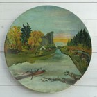Antique Flue Cover Folk Art River Landscape Oil Painting Camping In Wilderness