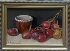 Set Of Tree Original Oil Painting Still Life Grapes  Flowers In Ceramic Vase