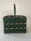 Vintage Wicker wood Sewing Basket  Green W floral Tapestry Lid   Green Satin Int