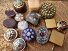Lot 15 Vintage Antique Trinket Boxes Pill Boxes Brass Silver Wood Bone Leather