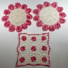 Crochet Doilies Vintage Pink Rose Floral Handmade Home Decor Set Of 3