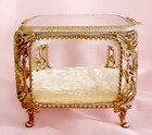 Big Vtg Ormolu Hollywood Regency Gold Jewelry Casket Box Bevelled Glass 5 x5     