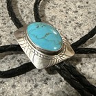 Vintage Navajo Turquoise And Sterling Silver Bolo Tie Southwestern Leather Cord