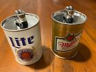 2 Vintage Miller Lite   High Life Beer Tabletop Miniature Metal Can Lighter Set