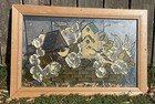Vtg 21x14    Wood Framed Stained Glass Hanging Suncatcher Panel Birds Chickadees