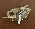 Vintage Sadek Cast Metal Bronze Bunny Rabbit Rowing On Leaf Boat Candle Holder