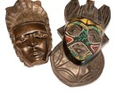 Vintage Tribal African Mask Pair Ghana Hand Carved Wood Beaded Brass Accents