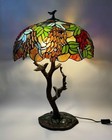 Tiffany Style Table Lamp Grape Tree Metal Birds Stained Glass Art Decor Large
