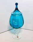 Stunning Vintage Empoli Blue Apothecary Jar W  Clear Swirl Stem  Sticker Intact
