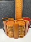Vintage Catalin Bakelite Poker Chips With Caddy  104  Red  Amber   Green
