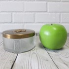 Vintage Ribbed Footed Glass Powder Vanity Dresser Jar Gold Tone Lid Trinket Box 