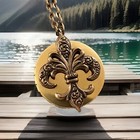 French Fleur De Lis Locket Necklace Vintage Art Nouveau Antique Brass Pendant
