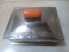 Mexican Footed Alpaca Silver Trinket Box W orange Jasper Cabochon 1960 s