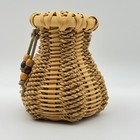 Vintage Hand Woven Basket Pencil Vase 5 In Beaded Creel-style Folk Art