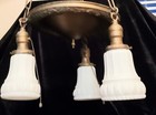 Antique 30s Ceiling 3 Light Pendant Chandelier Art Deco Brass Milk Glass Shades