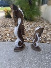 Set Of 2 Seahorse Hand Carved Wood Tropical Sculpture Bird Decor