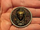 Vintage Lady Head Picture Button Story Metal Brass Gold Tone Mesh Background 