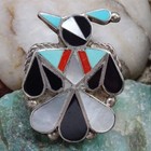 Vtg Zuni Thunderbird Ring Multi Stone Inlay Turquoise Coral Mop Onyx Size 6 5