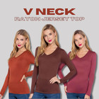 V Neck Rayon Jersey Long Sleeve Top Soft Stretch Thin Lightweight Layering Shirt