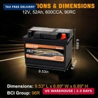 Platinum Agm Car Battery Group Size 96r  12v 52ah  600 Cca  90 Rc  Rechargeable