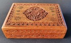 Vintage Ornate Carved Wood Trinket Jewelry Box Inlaid Brass Hinged Lined