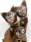 3 Wood Kitty Cats Handcrafted Feline Set Of 3 Balinese Hand Painted Bali