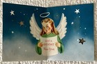 Vintage Christmas Girl Angel Glitter Wings Halo Stars Greeting Card 1950 1960s