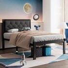 Twin Size Metal Bed Frame With Linen Upholstered Headboard  Heavy-duty Platform