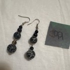 Black Silver Glass Beaded Dangle Drop Earrings Hook Closure Round Beads