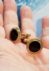 Round Black Vintage Cuff Links Gold Tone With Ribbed Border Groom Groomsman Cl-