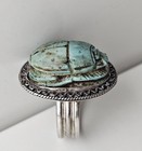 Antique Sterling Silver Egyptian Turquoise Scarab Lotus Hand Made Ring 14 Carved
