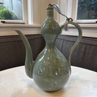 Korean Celadon Green Ewer Wine Pitcher Flying Birds Cranes Clouds 13  Tall Read