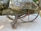 Vintage Planet Jr Style  Single Wheel Cast Iron  Cultivator W  2 Sweeps