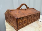 Vtg Hand Carved Wood Sewing Box Slant Drop Front Folk Art Storage Chest Handle