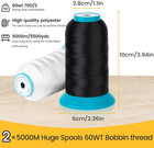 2  5000m 5500y  Huge Spools Of Bobbin Thread- White black   Bottom Thread  60wt 
