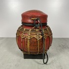 Vintage Thai Lacquered Hand Woven Bamboo Rice Seed Basket Container 8  Red Black