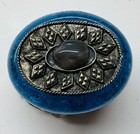 Vtg Turquoise Blue Enamel   Silver Metal Hinged Pill Trinket Box Cabochon