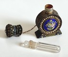 Antique French Enamel Perfume Bottle Jeweled Cap Glass Vial Bohemian Art Nouveau
