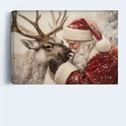 Vintage Santa Kiss Reindeer Canvas Wall Art rustic Farmhouse Christmas