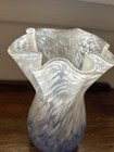 Cobalt Blue White Spatter Glass Ruffled Edge Handkerchief Vase  Art Glass Blown