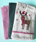 New Reindeer Holiday Christmas Dish Towel  set 3  Embroidered 16  X 26  Cotton