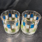 Vintage Mcm Geometric Lowball Glasses Set Of 2 Blue Green Gold Rectangles